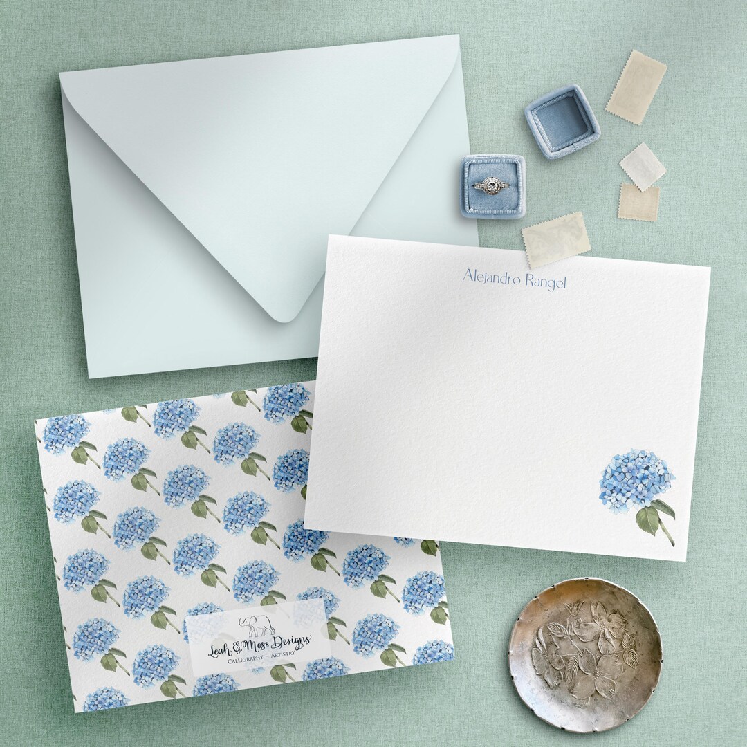 Personalized Stationery Set | Blue Hydrangea Custom Note Card | Floral ...