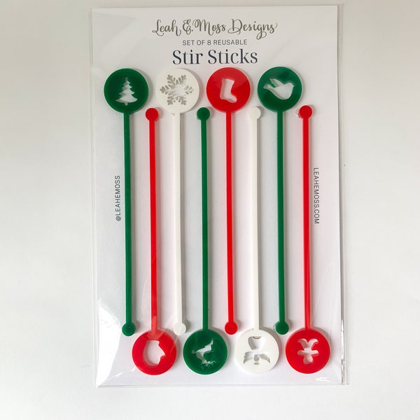 Christmas stir sticks, Christmas party swizzle sticks, Drink stirrers for cocktails, Holiday hostess gift, Holiday Decor, Barware, Set of 8