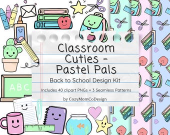 Pastell Klassenzimmer Clipart & Muster - Kawaii Lehrer Grafik (PNG + JPG)