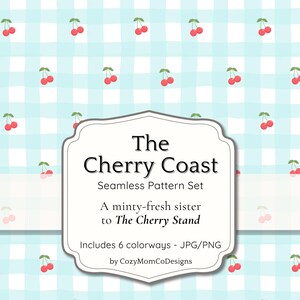 Könnte beinhalten: Ein nahtloses Muster-Set namens "The Cherry Coast" mit hellblauem Vichy-Hintergrund und roten Kirschillustrationen. Das Set enthält 6 Farbvarianten in JPG- und PNG-Formaten.
