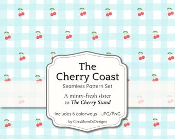 The Cherry Coast - 6 Nahtlose Muster | Digitales Papier mit Kirschen, Gingham, Streifen, Schleifen | Sommer Sublimation & Scrapbook | PNG JPG