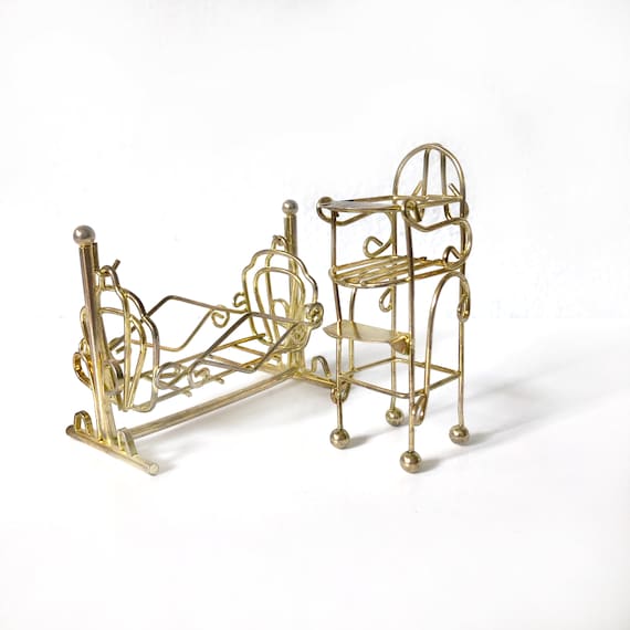 Vintage Brass Gold Metal Dollhouse Furniture High Chair Bassinet and Daybed Three Piece Set Etsy