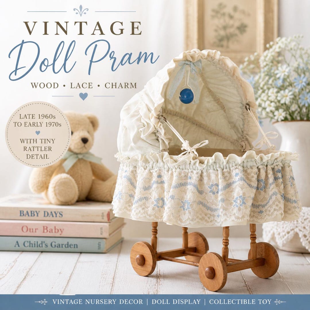 Prams Display Vintage Doll Pram Stroller 1960s Baby Doll Buggy Wood Wheels Lace ...