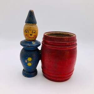 Vintage Handpainted Wooden Clown and Red Barrel Toothpick Holder