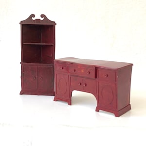 Dollhouse Dining Room Furniture 2-Piece Set Brown Wood Colored Hard Plastic 1950s 2/3 Scale