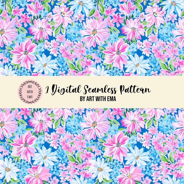 Acrylic Blue Pink Floral Seamless Pattern, Seamless Acrylic Flower Background, Preppy Floral Pattern, Spring Summer Floral Painting Pattern