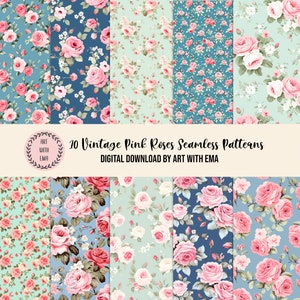 Floral Digital Paper For Scrapbook Collage Sheet, Shabby Chic Scrap-booking, Junk Journal Printable Pink Vintage Rose, Pink Rose Patterns
