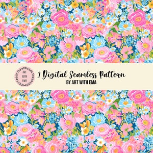 Acrylic Preppy Floral Seamless Pattern, Seamless Acrylic Flower Background, Preppy Floral Pattern, Spring Summer Floral Painting Pattern