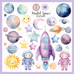 Weltraum Clipart, Aquarell niedliche Weltraum Clipart, Weltraum Clipart, Mädchen Junge Astronaut PNG, Pastellall, Rakete Sonne Mond Sterne Planeten