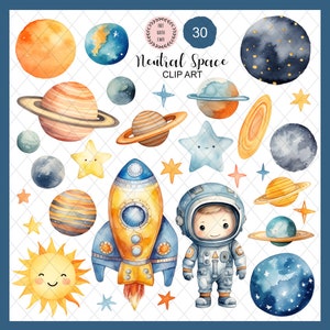 Clipart de espaço sideral, clipart de espaço fofo em aquarela, clipart de espaço, astronauta de menina e menino PNG, espaço neutro, foguete, sol, lua, estrelas, planetas