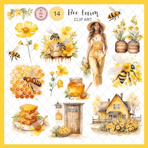 Bundle de cliparts ferme d'abeilles jaunes aquarelle, clipart ferme d'abeilles PNG, printemps été ferme d'abeilles PNG en téléchargement numérique autocollants usage Commercial, miel