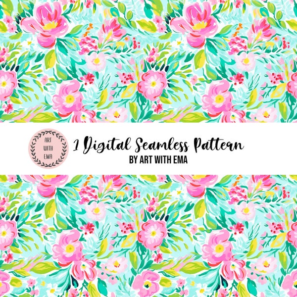 Acrylic Preppy Floral Seamless Pattern, Seamless Acrylic Flower Background, Preppy Floral Pattern, Spring Summer Floral Painting Pattern