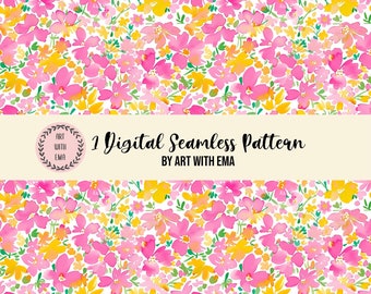 Watercolor Pink Floral Seamless Pattern, Seamless Acrylic Flower Background, Preppy Floral Pattern, Spring Summer Floral Painting Pattern