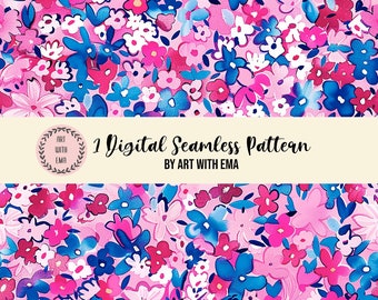 Watercolor Pink Floral Seamless Pattern, Seamless Acrylic Flower Background, Preppy Floral Pattern, Spring Summer Floral Painting Pattern