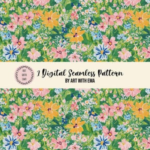 Acrylic Green Bright Floral Seamless Pattern,Seamless Watercolor Flower Background, INSTANT DOWNLOAD , Ditsy Spring Summer Floral Pattern