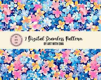 Watercolor Blue Floral Seamless Pattern, Seamless Acrylic Flower Background, Preppy Floral Pattern, Spring Summer Floral Painting Pattern