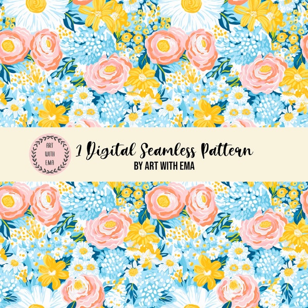 Acrylic Preppy Floral Seamless Pattern, Seamless Acrylic Flower Background, Preppy Floral Pattern, Spring Summer Floral Painting Pattern