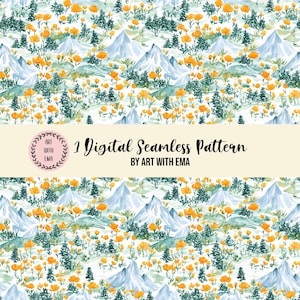 Aquarell Berge mit Mohnblumen Musterdesign, Nahtlose Berge Hintergrund, Malerische Mohnblumen Muster, Herbstmuster