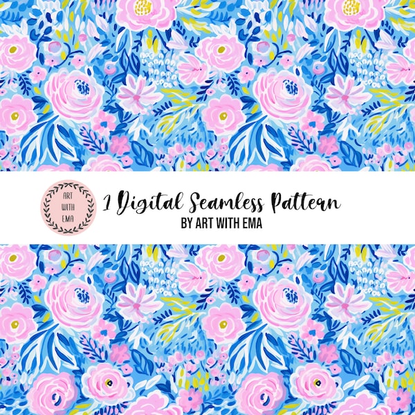 Acrylic Blue Pink Floral Seamless Pattern, Seamless Acrylic Flower Background, Preppy Floral Pattern, Spring Summer Floral Painting Pattern