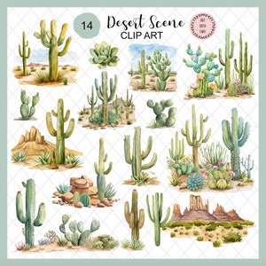 Zestaw clipartów akwarelowych ze sceną pustyni, Arizona Desert PNG, California Desert PNG Naklejki do pobrania w wersji cyfrowej Użytek komercyjny, Cactus Clip Art