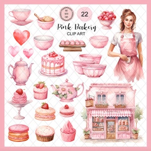 Paquete de imágenes prediseñadas de panadería rosa en acuarela, panadería romántica PNG, panadería del día de San Valentín PNG, pegatinas de postres para descarga digital, uso comercial