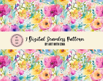 Watercolor Bright Floral Seamless Pattern, Seamless Watercolor Flower Background, INSTANT DOWNLOAD , Acrylic Spring Summer Floral Pattern