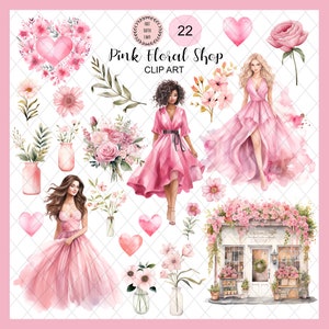 Bundle de cliparts boutique Floral rose aquarelle, clipart Saint-Valentin PNG, fleurs romantiques PNG en téléchargement numérique autocollants usage Commercial