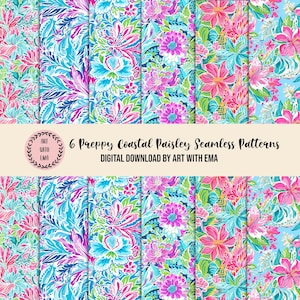 6 Beachy Florale nahtlose Muster, nahtlose Strand-Muster JPG Digitaldateien, Sommer-Strand-Muster, Hintergründe, digitale Muster, Preppy