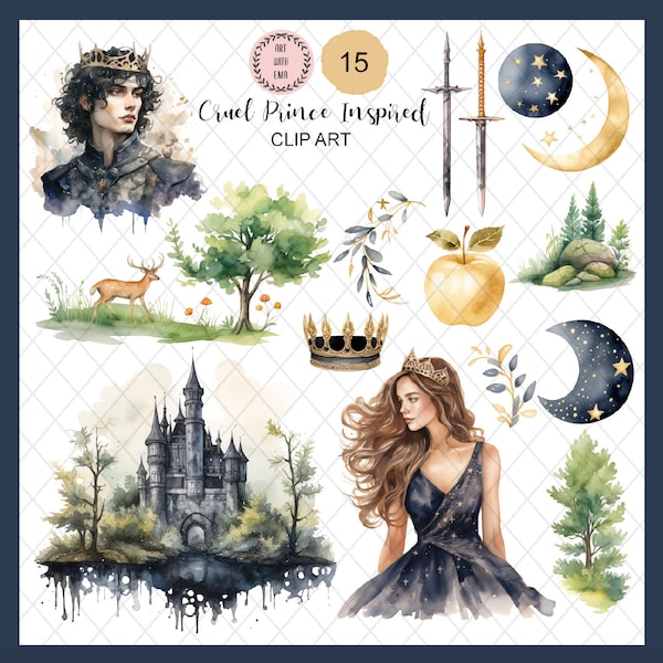 Watercolor Cruel Prince Inspired Clipart Bundle, Romantic Prince clip art PNG, Fantasy Book PNG, Digital Download Stickers Commercial Use