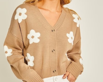 Daisy Flower Print Retro Sweater Cropped  Cardigan with Dolman Long Sleeves V-neck Button Closure, Super Soft Fabric