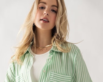 Striped Roll Up Long Sleeve Button Down Blouse