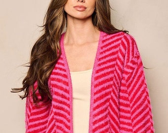 Long Sleeve Open Front Fuzzy Colorblock Cardigan, Pink, Tylor Swift style