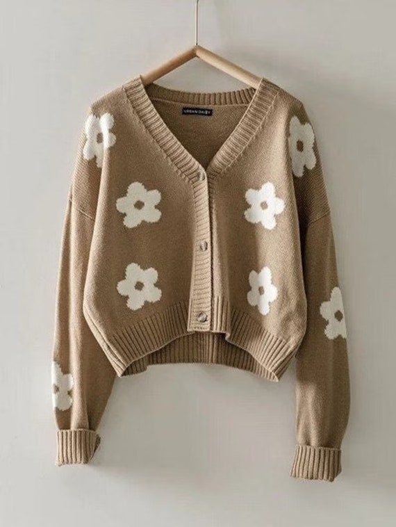Daisy Flower Print Retro Sweater Cropped Cardigan With Dolman Long