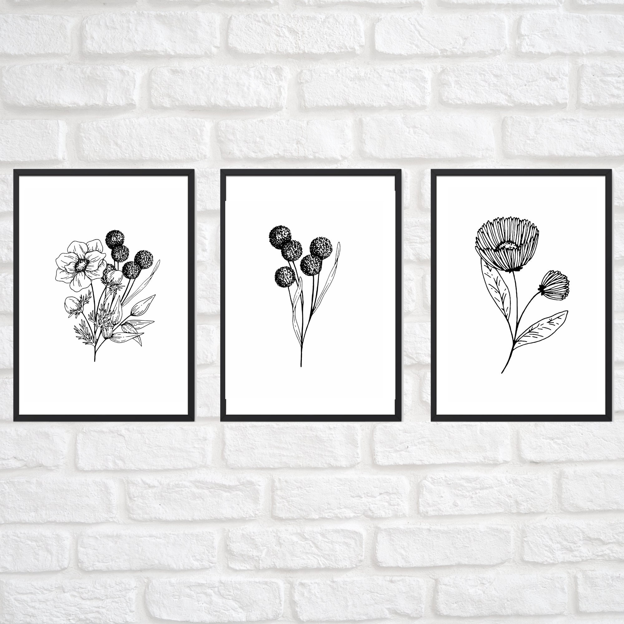 Black and white flower printable wall art | Etsy