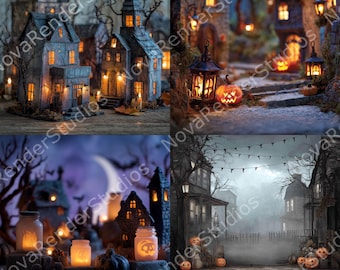 Spooky Halloween Village Wall Art – Haunted Street Scene Printable  Foggy Night Decor  Digital Download