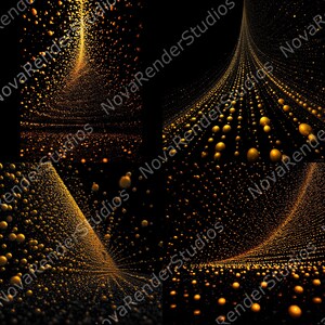 May include: Abstract digital art with a black background and a pattern of golden spheres and lines. The spheres vary in size and create a sense of depth and movement. The text "NovaRenderStudios" is visible.