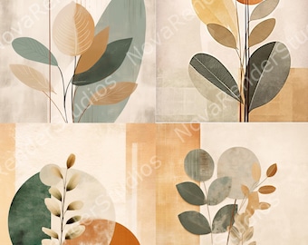 Abstract Botanical Grid – Earth Tone Minimalist Nature Art  Printable Wall Decor
