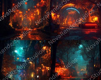 Cyberpunk Halloween Street Scenes – Neon City Decor, Futuristic Fall Art, Digital Download