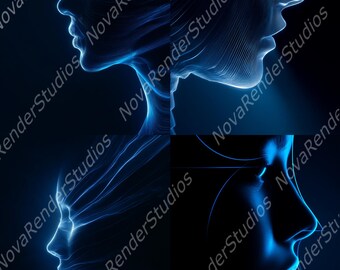 Abstract Human Profile Collage – Futuristic Light Line Art  Printable Digital Portraits