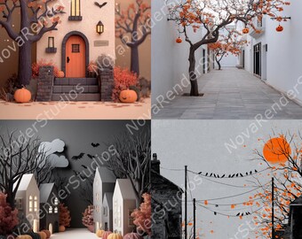 Spooky Cyberpunk Halloween Prints - Minimalist Urban Street Scenes - Digital Download