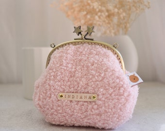 Teddybeer roze portemonnee, bouclé stof, gepersonaliseerd muntzakje, meisjesverjaardag, babyshowercadeaus voor kleine meisjes, kleine meisjes portemonnee, etui