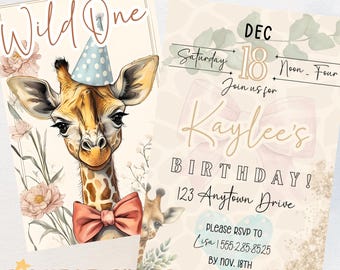 Invitación de cumpleaños de Jirafa Salvaje - Plantilla editable de Canva - Doble cara - Descarga instantánea