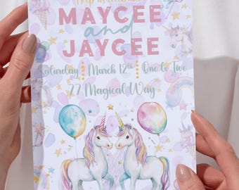 Invitación de cumpleaños de unicornio gemelo / Plantilla digital editable / Fiesta arcoíris / Invitación imprimible para cumpleaños de niñas / Descarga instantánea