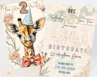 Invitación de cumpleaños de jirafa: ¡Diversión para perder! Plantilla editable de doble cara, descarga instantánea, invitación imprimible para niños.