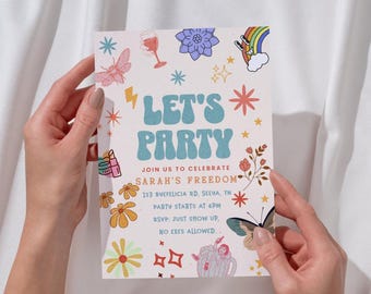 Paquete de invitación para fiesta de divorcio "Let's Party" + pancarta "Just Divorced", plantilla editable de Canva, set imprimible para celebrar la soltería