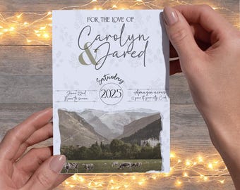 Plantilla de invitación de boda rústica de montaña editable, invitación + tarjetas de agradecimiento adicionales editables en Canva al instante.