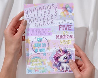 Plantilla editable de invitación de cumpleaños de unicornio, fiesta de niña con brillo arcoíris, invitación para el quinto cumpleaños, temática mágica, descarga instantánea con Canva.