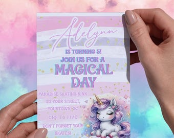 Invitaciones de cumpleaños de unicornio editables para una chica mágica (plantilla editable de Canva)
