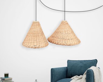 luminaire boho, lampe pendentif en osier, pendentif léger tissé, lumière en osier en rotin, luminaire en osier, lampe en rotin de bambou, suspension tissée