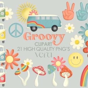 Groovy Retro Clipart Set - 21 PNG Bilder - Instant Download